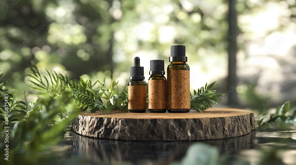 Fototapeta premium Two bottles of essential oils on a tree stump displaying hybrid cork-stone eco-friendly design for natural beauty
