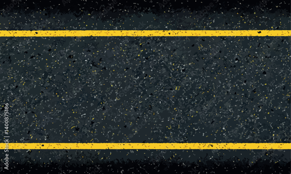 Asphalt road with yellow stripes, concrete highway surface, texture. Blacktop texture. Asphalt road blacktop background. Rough road black surface. Black texture of wet asphalt on the road.