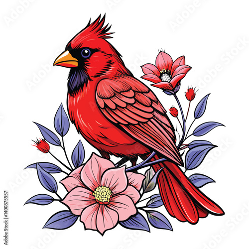 a red cardinal bird sitting on a flower.