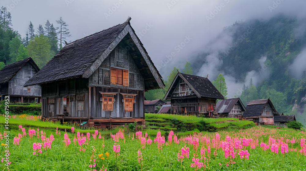 Serene Mountain Village with Pink Flowers and Foggy Backdrop in Rural Landscape and Traditional Architecture