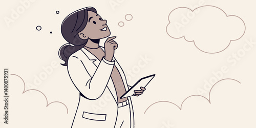 Dreamy interested young adult indian businesswoman in white formal suit wear thinking and pointing finger away at copy space. Girl smiling and standing isolated on background dreaming choosing