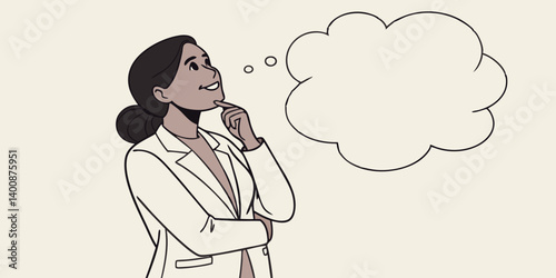 Dreamy interested young adult indian businesswoman in white formal suit wear thinking and pointing finger away at copy space. Girl smiling and standing isolated on background dreaming choosing