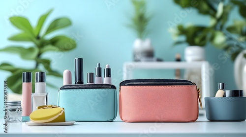 Diverse collection of makeup products organized neatly within eco-friendly vegan travel cosmetic cases for beauty lovers