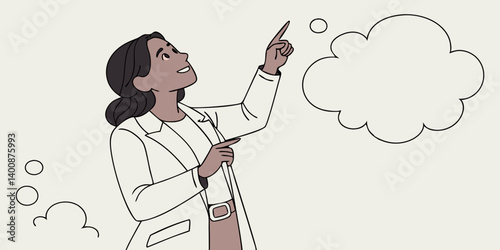 Dreamy interested young adult indian businesswoman in white formal suit wear thinking and pointing finger away at copy space. Girl smiling and standing isolated on background dreaming choosing