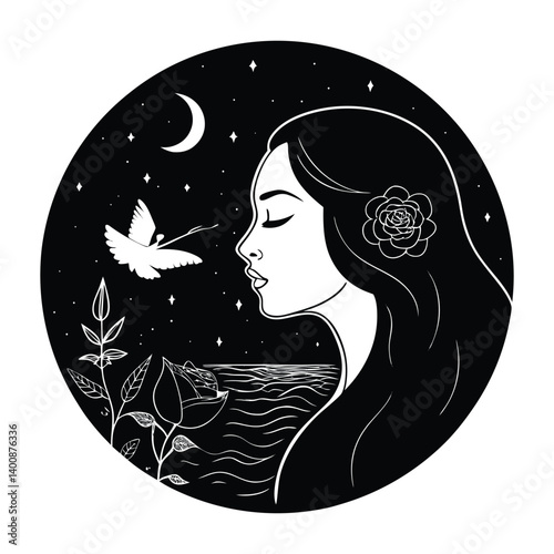 Vector illustration of a glamorous woman with beautiful hair, stylish fashion, and a flower silhouette, capturing elegance and love in her eyes
