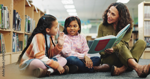 Girl, teacher and teaching with reading book at library for development, learning or study with guide. School kids, storytelling and woman with help, education and language for knowledge at academy