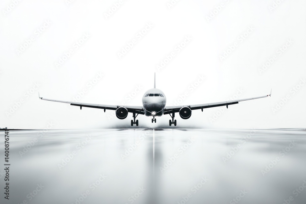 Airliner on Runway: A front-on shot of an airliner gracefully poised on the runway, wings outstretched, hinting at the promise of flight and global travel. Airliner on Runway: A front-on shot of an airliner gracefully poised on the runway, wings outstretched, hinting at the promise of flight and global travel.
