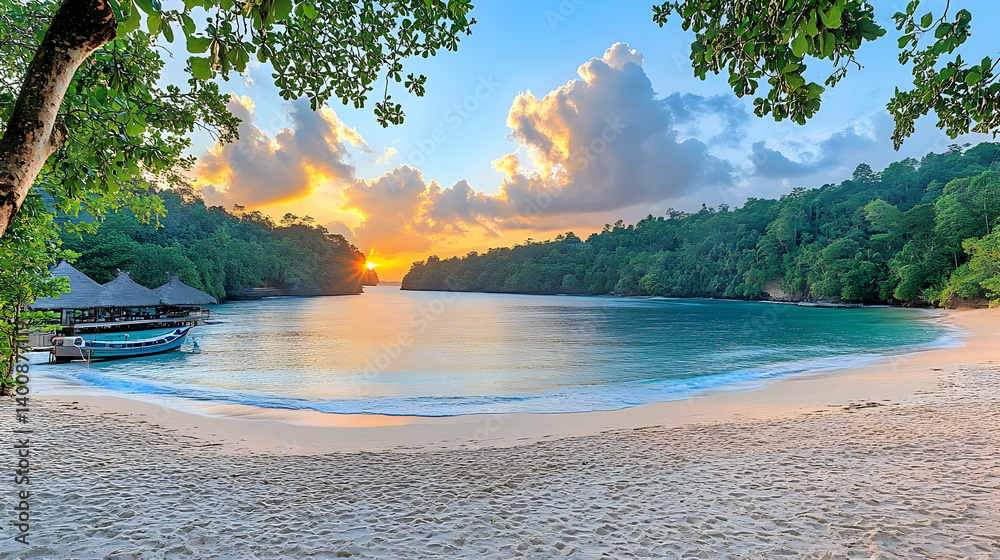 Serene Tropical Beach Cove with Turquoise Water and Lush Greenery at Sunset with Golden Sky