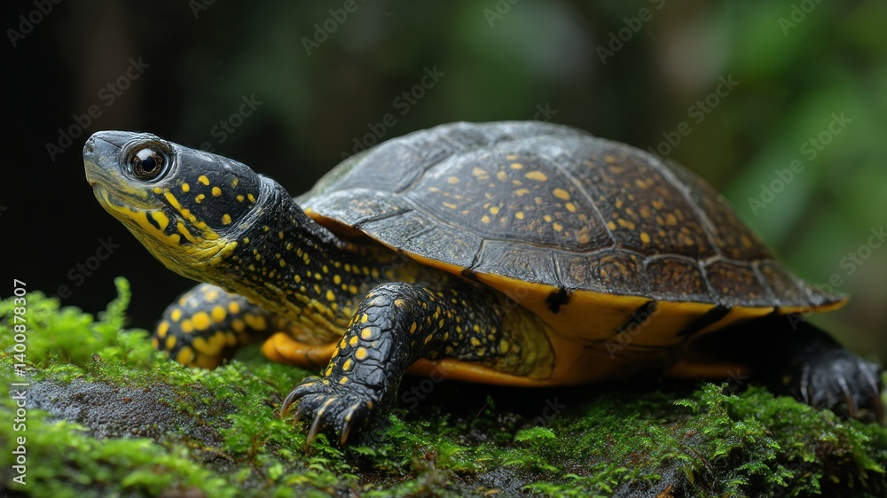 Obraz premium A spotted turtle sits on moss. Its shell features yellow and black dots.