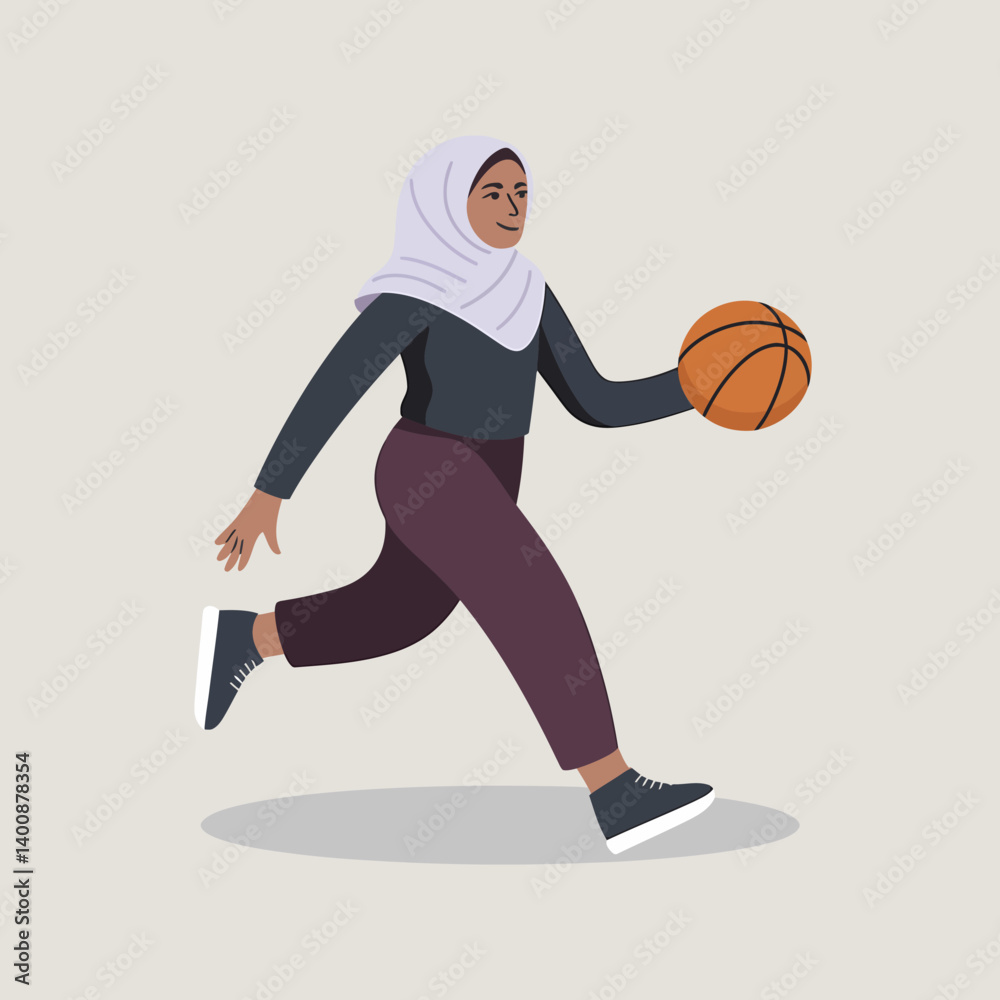 Muslim Woman Running with Basketball in Hijab - Sport, Fitness, Activity Muslim Woman Running with Basketball in Hijab - Sport, Fitness, Activity