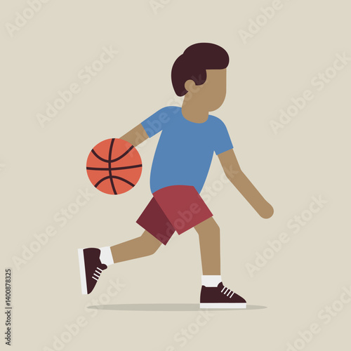 Boy dribbling basketball, active lifestyle, sporty child, vector illustration