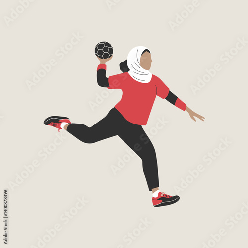 Muslim Woman Athlete Throwing Ball, Handball Player in Hijab Action