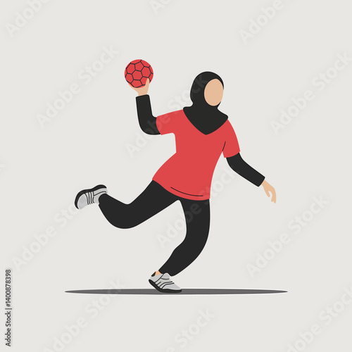 Muslim Woman Handball Player in Hijab Throwing Ball. Sportswoman Illustration.