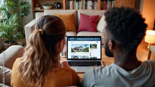 Young multiethnic couple sitting on sofa in living room, browsing real estate listings on laptop, choosing dream home, planning to buy new house. Woman pointing at website on laptop screen