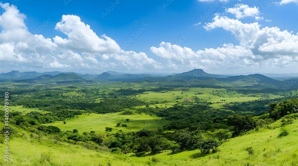 Obraz premium Panoramic View Of Lush Green Valley With Hills And Clouds