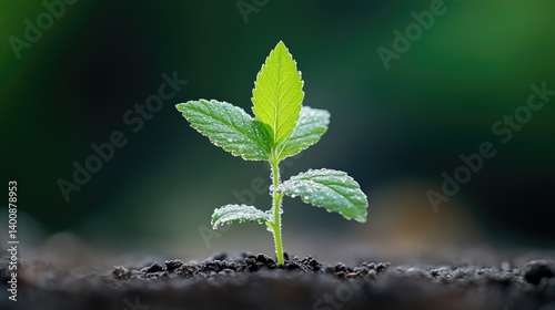 A young sprout emerging from the earth.  Delicate, vibrant green leaves, glistening with morning dew, are visible.  The soil is dark and fertile, symbolizing new beginnings and growth