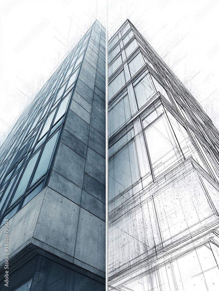Architectural visualization showing building transformation from sketch to realistic 3D rendering Architectural visualization showing building transformation from sketch to realistic 3D rendering
