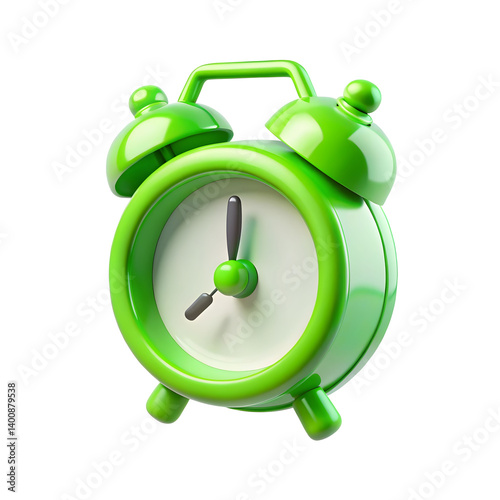 Green alarm clock 3d rendering isolated on transparent background. Cut out