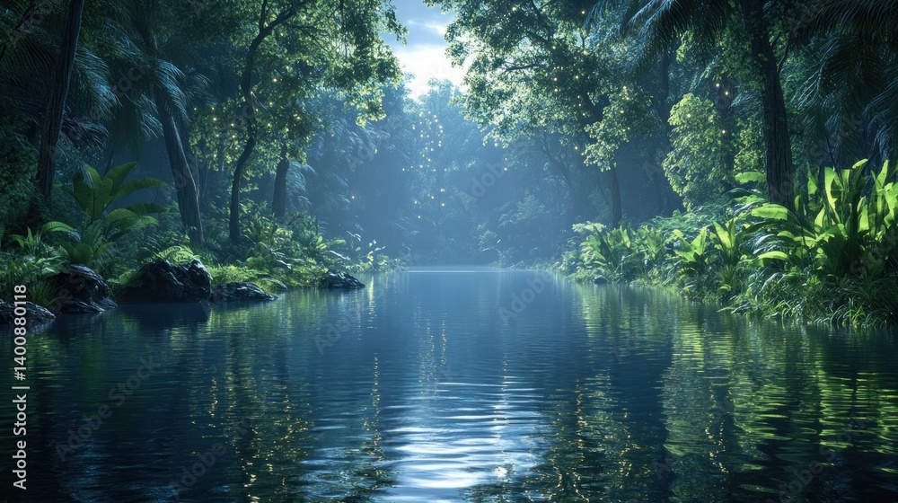 Fototapeta premium tranquil water amidst lush greenery a serene river winding through a vibrant tropical forest creating a peaceful and captivating nature scene