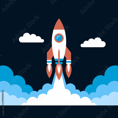 Rocket launch in space with clouds illustration for startup concept