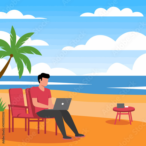 Freelancer working on beach. Man with laptop on seashore. Remote work