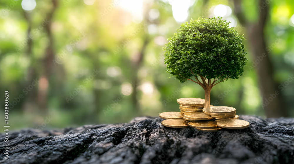 Small Tree Growing from Gold Coins on a Black Rock Surface with Blurred Green Forest Background Representing Investment and Financial Growth