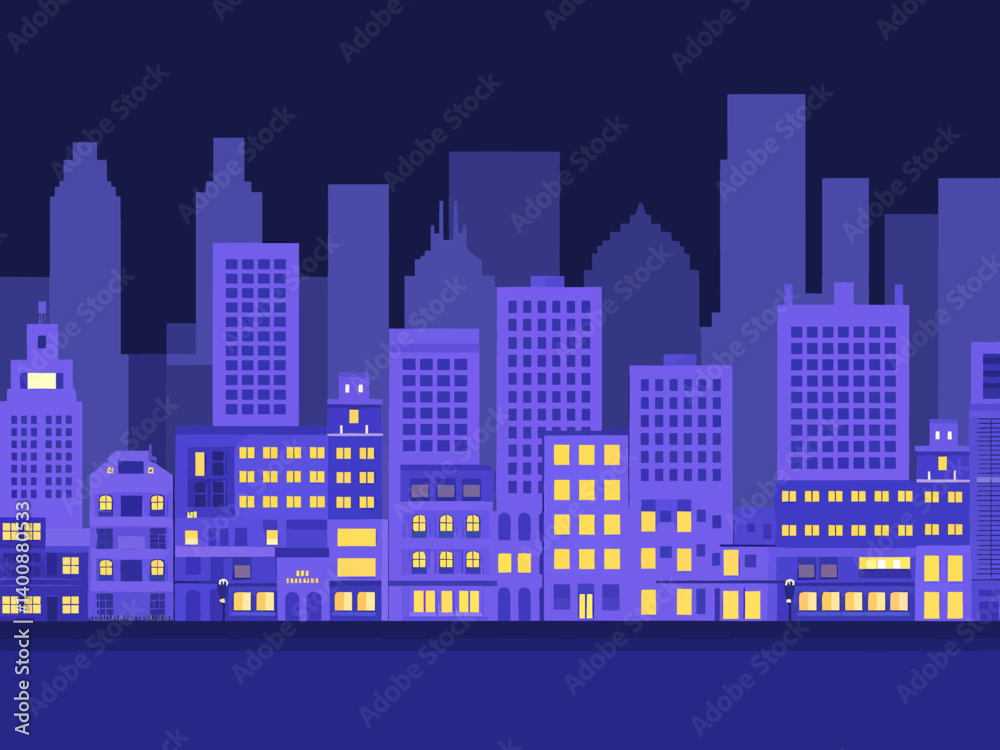 Nighttime Cityscape: Flat Vector Urban Scene with Lit Windows Nighttime Cityscape: Flat Vector Urban Scene with Lit Windows