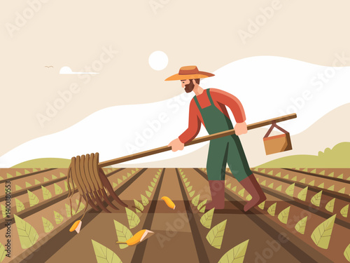 Old-fashioned farmer tending crops with a hand tool in a farm field
