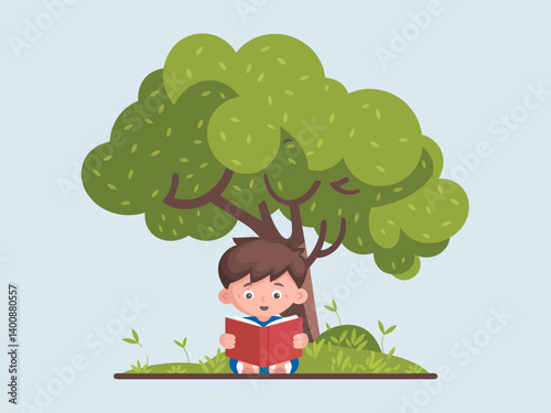 Boy reading under a tree. Childhood. Education concept. Cartoon illustration