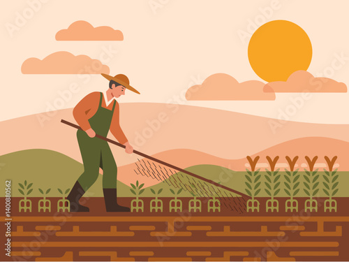 Farmer Spreading Fertilizer on Crops in Field Illustration, Agriculture Scene
