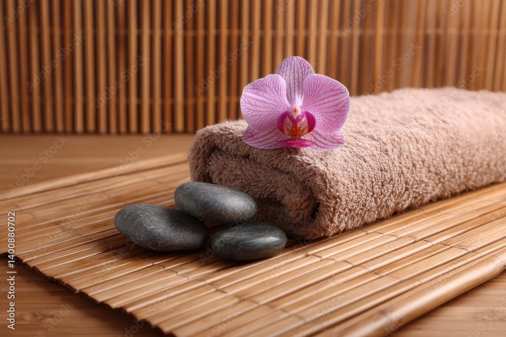 Zen Spa: Capture the essence of tranquility with a spa setup, featuring a delicate orchid gracefully resting atop a folded towel and serene massage stones. All set against a bamboo backdrop.