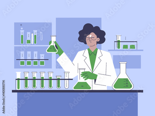 Scientist Conducting Experiment with Green Liquid in Laboratory