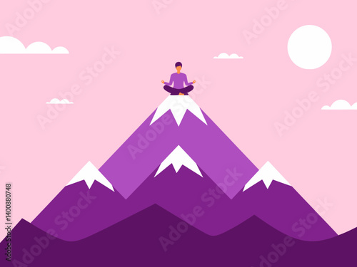 Person in Lotus Position Meditating on Mountain Peak, Mindfulness Vector