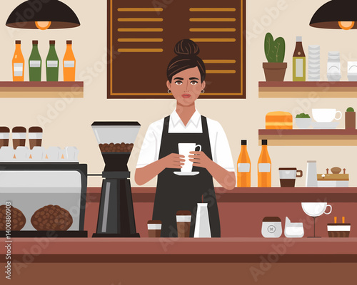 Friendly Barista Holding Latte Glass in Cozy Coffee Shop Setting Illustration