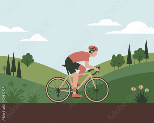 Cyclist riding a bike in a serene landscape. Vector illustration of outdoor cycling.