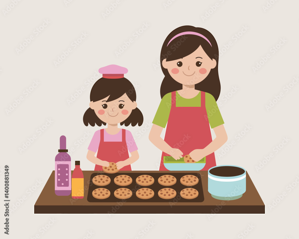 Mother and Daughter Baking Cookies at Home, Illustration Style Mother and Daughter Baking Cookies at Home, Illustration Style