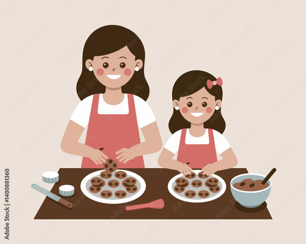 Happy Family Baking: Mother and Daughter Decorating Smiley Face Cookies Together Happy Family Baking: Mother and Daughter Decorating Smiley Face Cookies Together