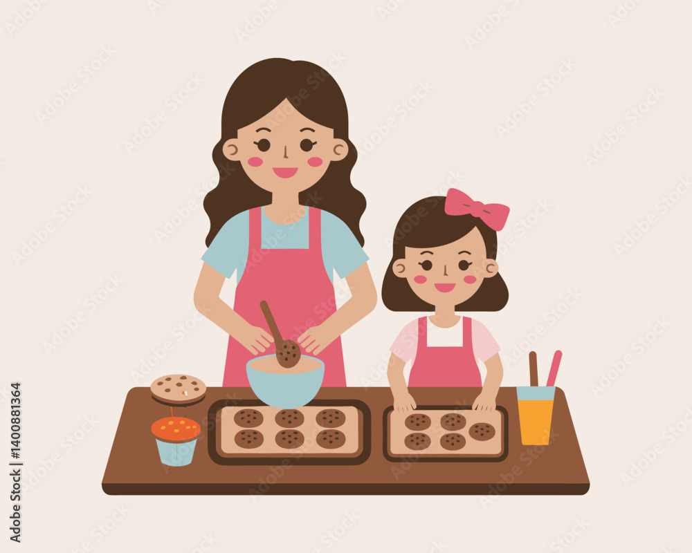 Baking Fun: Mother & Daughter Making Cookies Together, Vector Illustration Baking Fun: Mother & Daughter Making Cookies Together, Vector Illustration