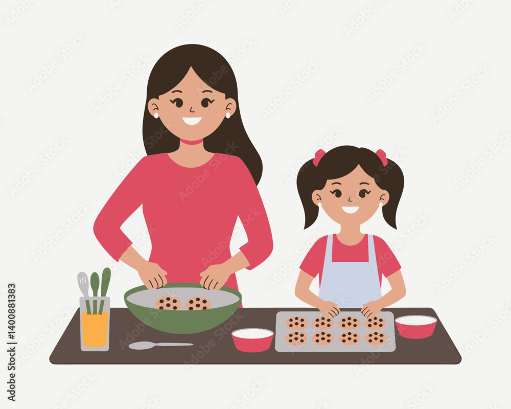 Baking cookies: Mother and daughter baking cookies together in the kitchen cartoon illustration Baking cookies: Mother and daughter baking cookies together in the kitchen cartoon illustration