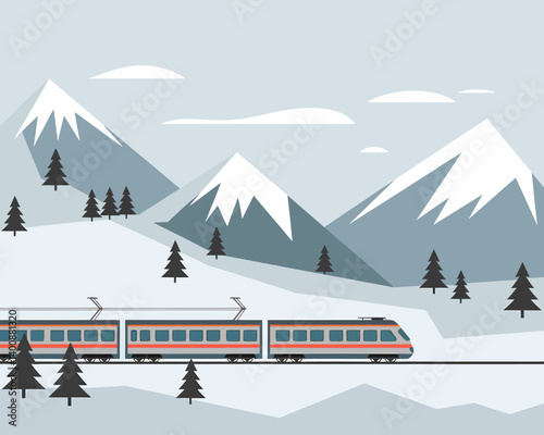 Scenic Mountain Train Ride: Flat Vector Landscape Illustration