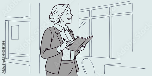 Happy elegant middle aged older professional business woman leader executive, mature senior consultant manager looking at camera holding notebook standing in office