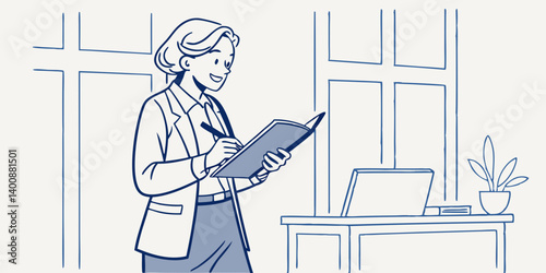 Happy elegant middle aged older professional business woman leader executive, mature senior consultant manager looking at camera holding notebook standing in office