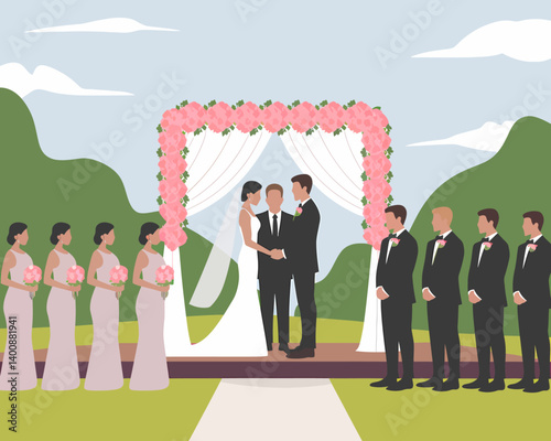 Elegant outdoor wedding ceremony illustration with pink floral arch