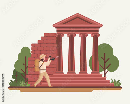 Archaeologist Exploring Ancient Temple Ruins with Camera Gear, Adventure Theme