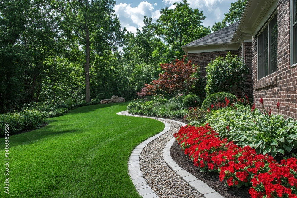 Beautifully landscaped garden with winding stone path and vibrant red flowers near brick house wall Beautifully landscaped garden with winding stone path and vibrant red flowers near brick house wall