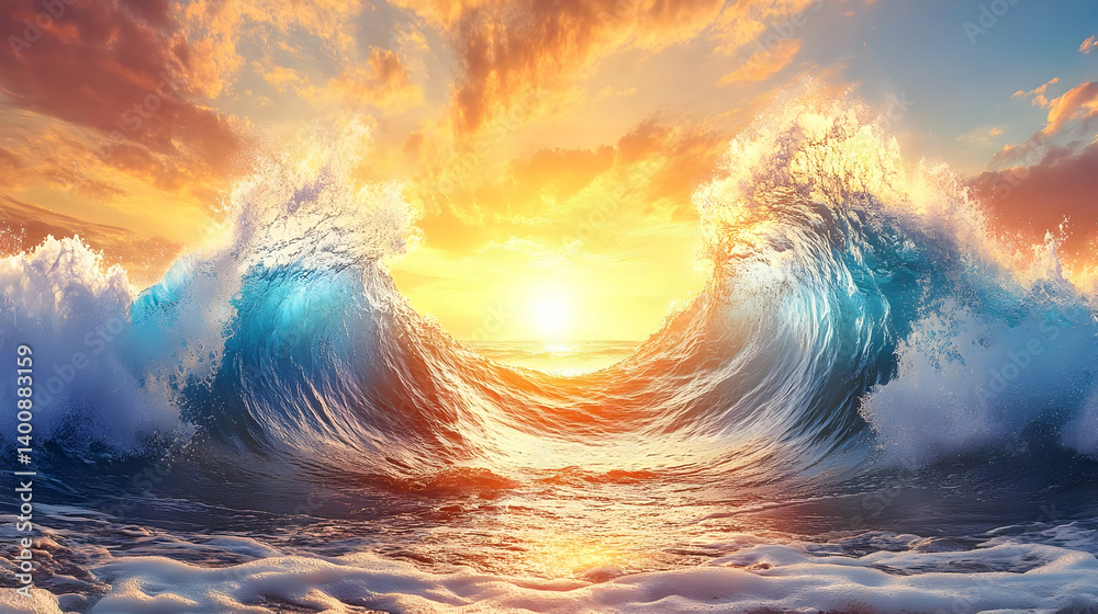 Spectacular Ocean Waves Crashing at Sunset with Vibrant Orange Sky and Reflections Creating Serene Seascape