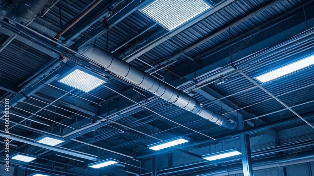 Industrial ceiling with pipes ducts and lights in a blue toned environment. Industrial ceiling with pipes ducts and lights in a blue toned environment.