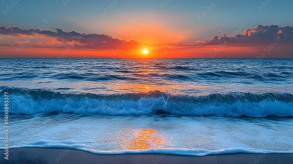 Spectacular Sunset Over Calm Blue Ocean Waves on Sandy Beach with Golden Sun Rays Peeking Through Clouds Revealing Tropical Paradise Scenery