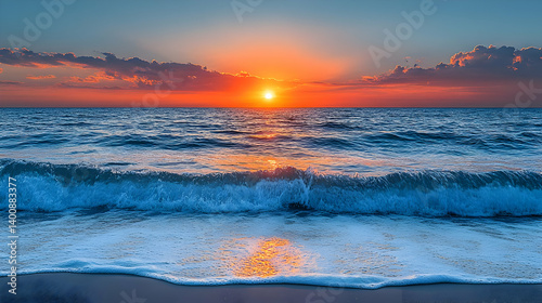 Obraz na płótnie Spectacular Sunset Over Calm Blue Ocean Waves on Sandy Beach with Golden Sun Rays Peeking Through Clouds Revealing Tropical Paradise Scenery w salonie