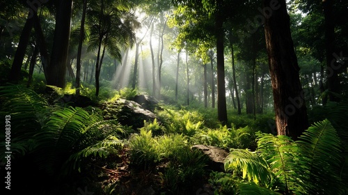 Sunlight streams through misty forest
